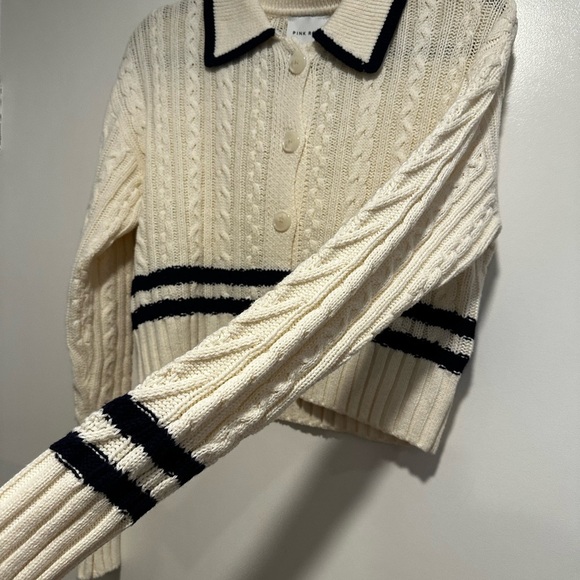 NWT Pink Rose Preppy Cream & Navy  Cable Knit Collared Cardigan. Ribbed Hem XS. - Picture 10 of 15